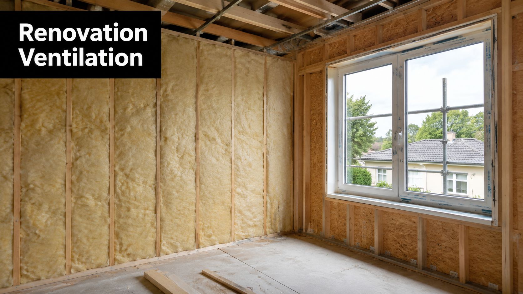 An unfinished room under renovation featuring wooden wall framing and yellow fiberglass insulation batts installed.