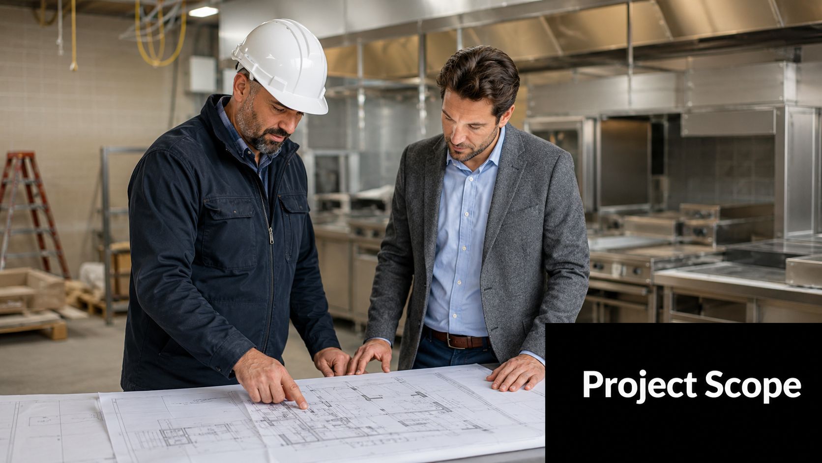 An engineer wearing a hard hat and a professional man discussing commercial kitchen renovation plans together.