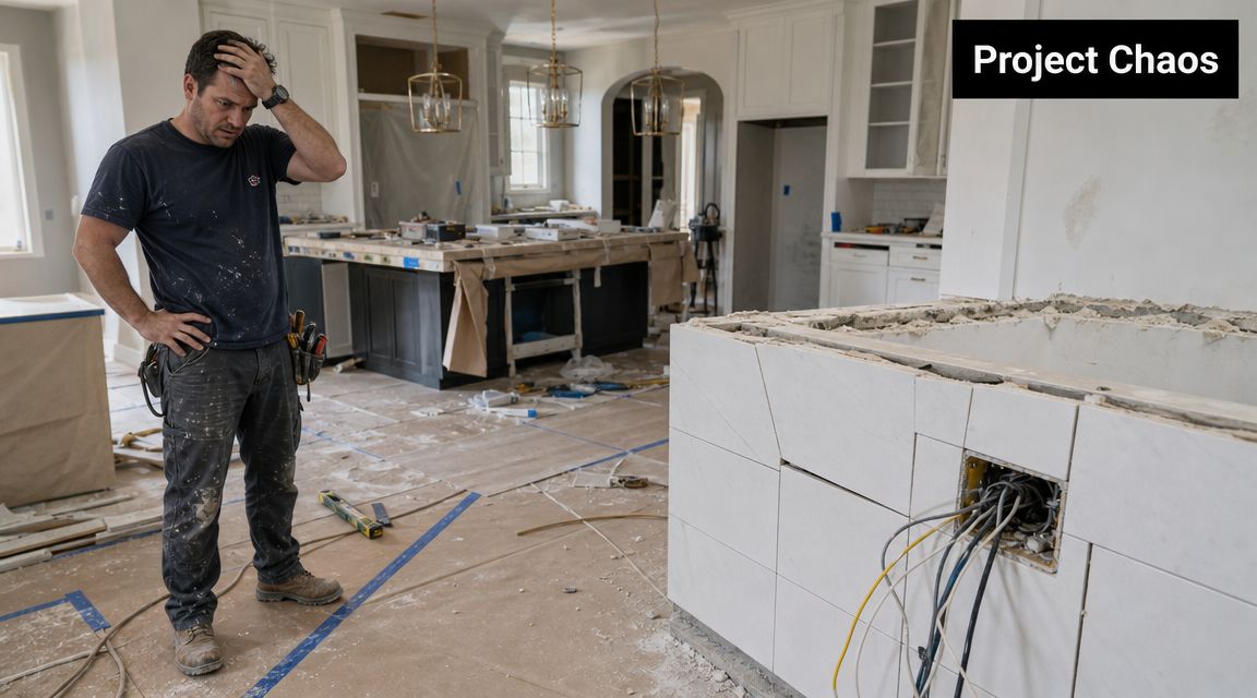 A construction worker looking stressed while standing in a messy kitchen during a home renovation project.