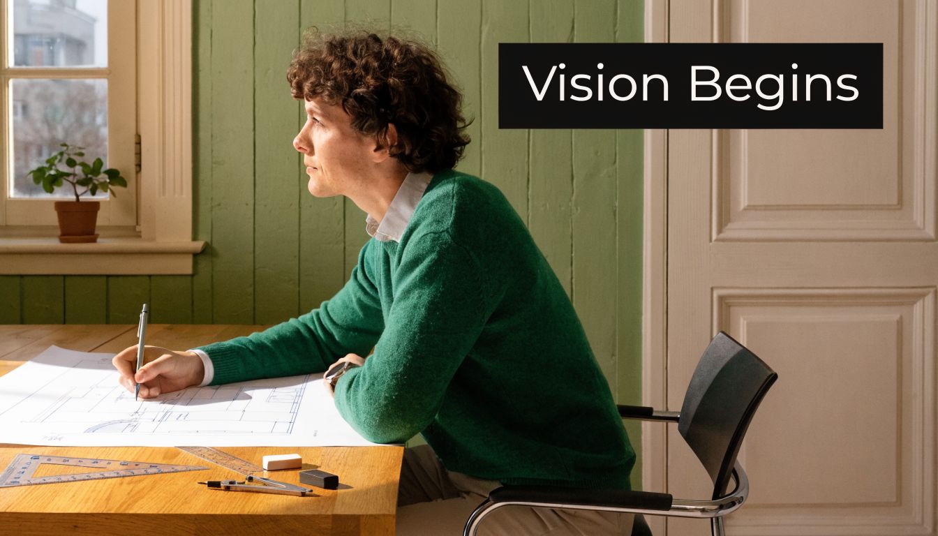 A young architect wearing a green sweater draws house plans on a desk near a window.