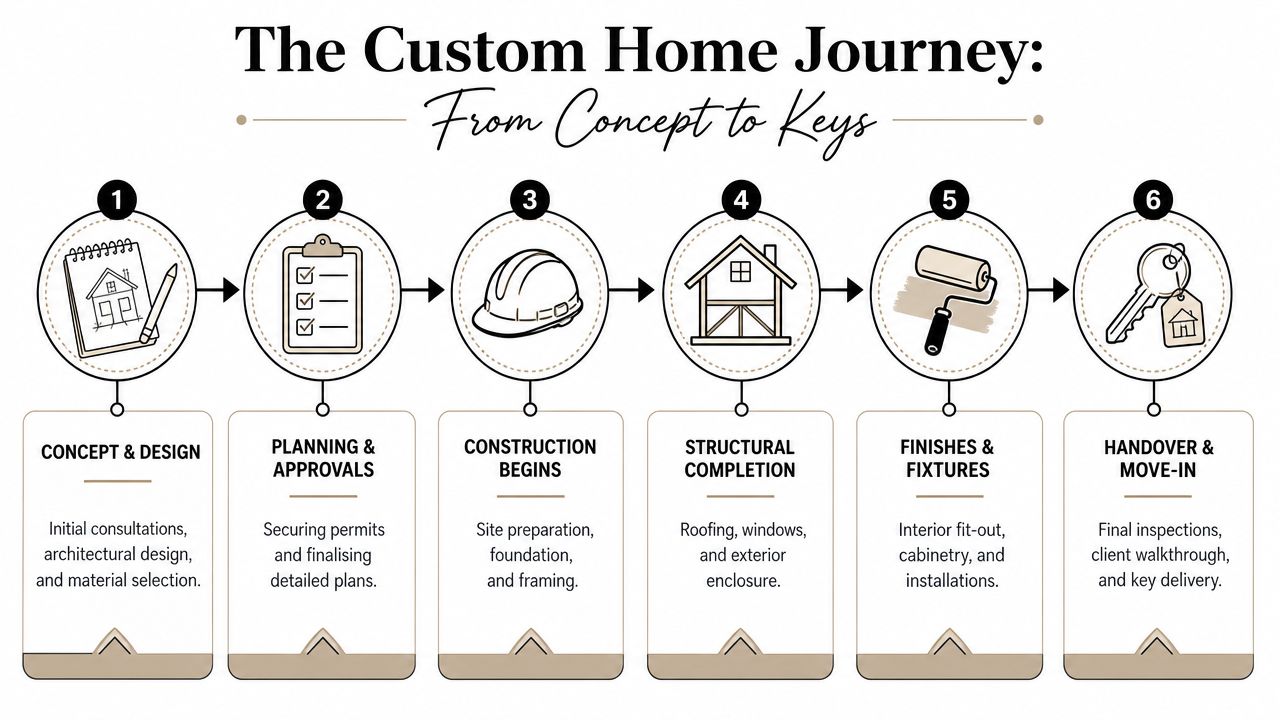 A six-step infographic detailing the custom home building process from initial concept to final move-in handover.