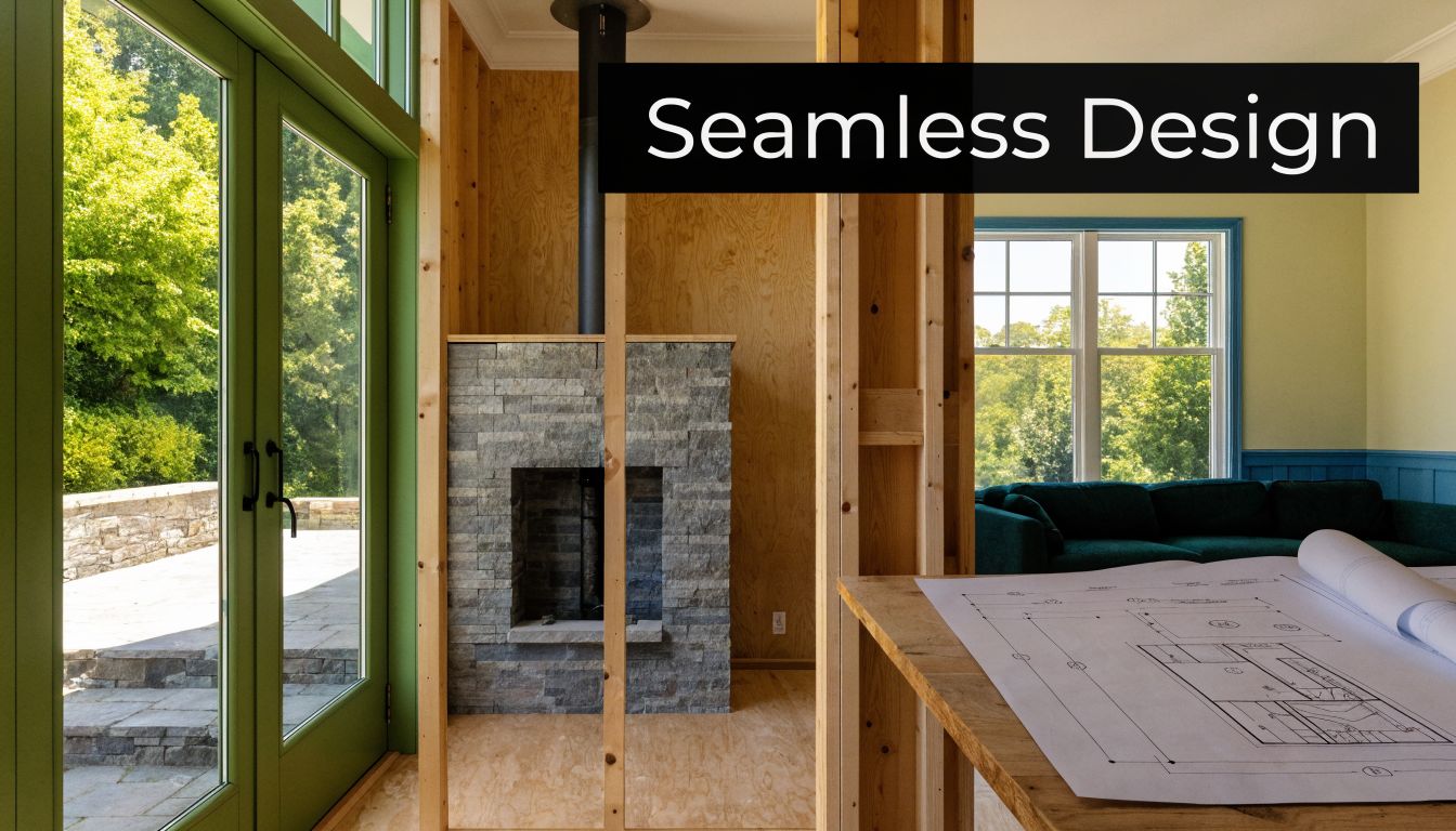 A view of a home under construction featuring a stone gas fireplace, blueprints, and outdoor patio.