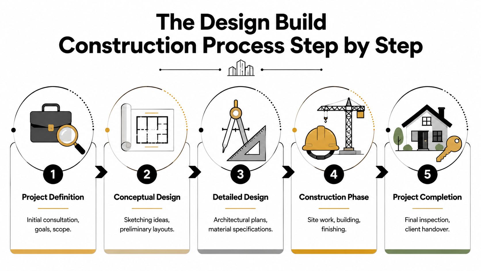 An infographic showing the five-step design build construction process, from project definition to final completion.