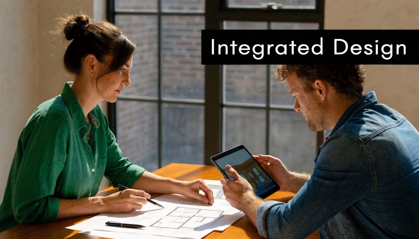 A professional interior designer and client reviewing architectural floor plans on paper and a tablet device together.