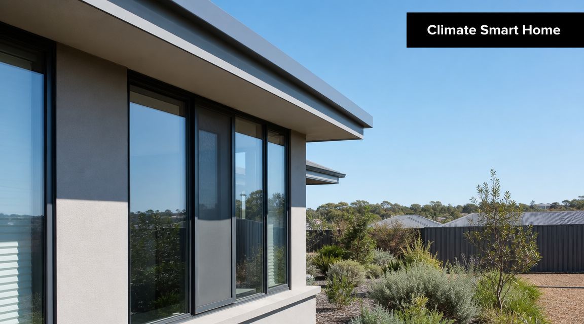 A modern, climate-smart home exterior featuring minimalist architecture, large windows, and a landscaped garden in Australia.