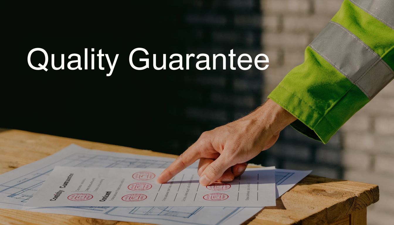 A construction worker pointing at a quality assurance document with stamped approvals on a wooden table.