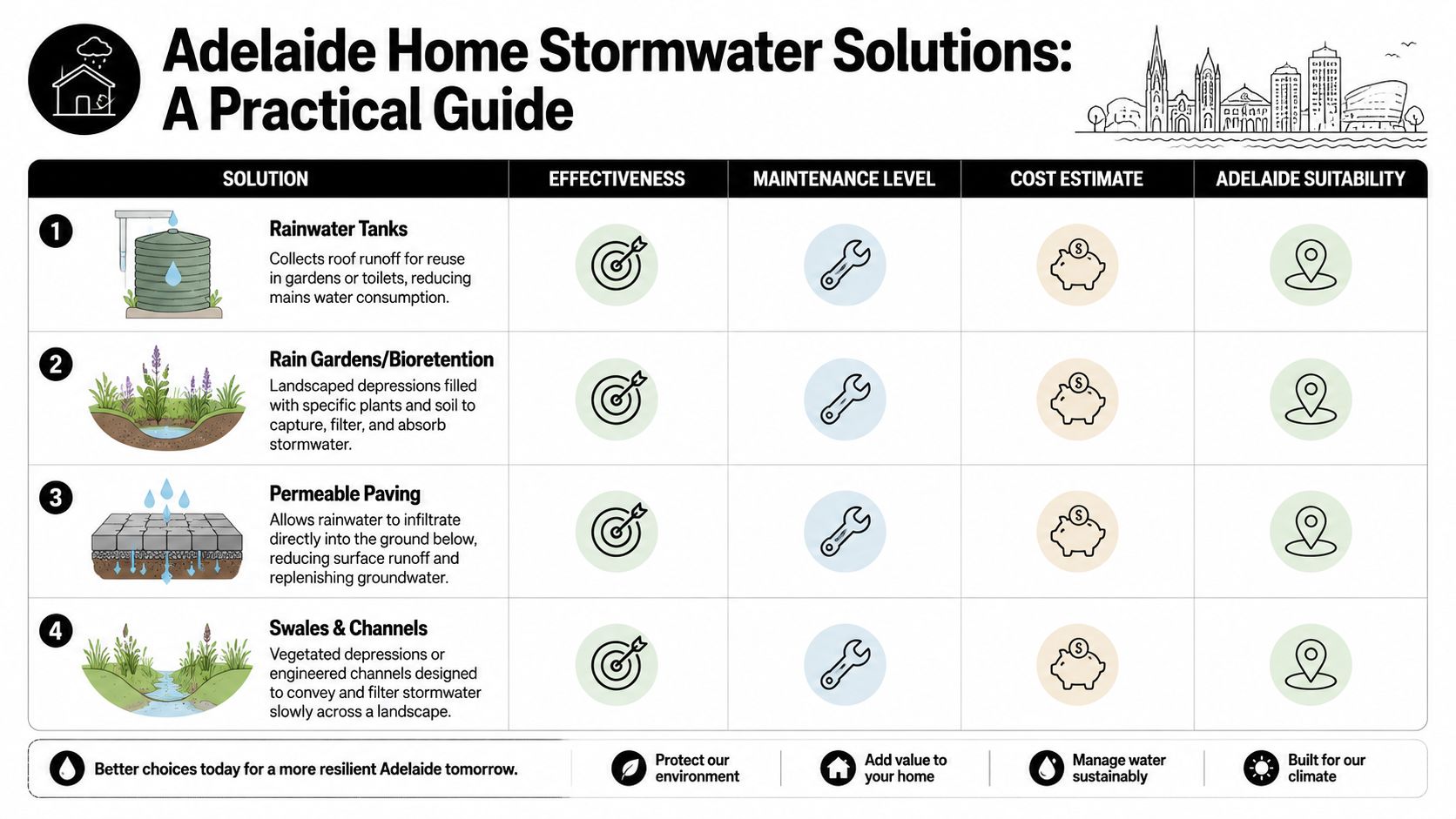 A guide listing four practical home stormwater management solutions for Adelaide, including tanks, gardens, and paving.