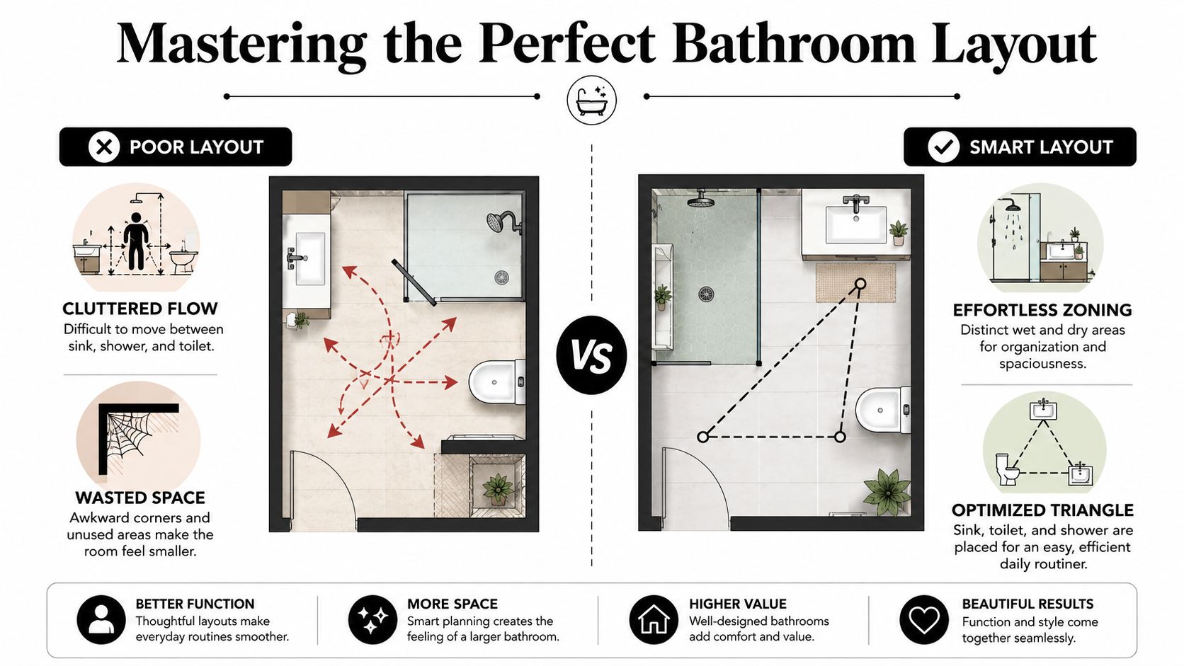 A comparison infographic showing a poor versus a smart bathroom layout design for better space optimization.