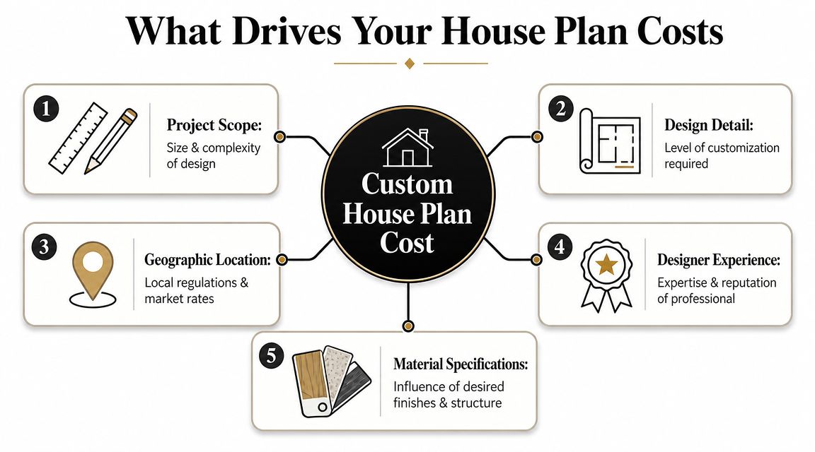 An infographic titled What Drives Your House Plan Costs listing five key factors affecting architectural design prices.