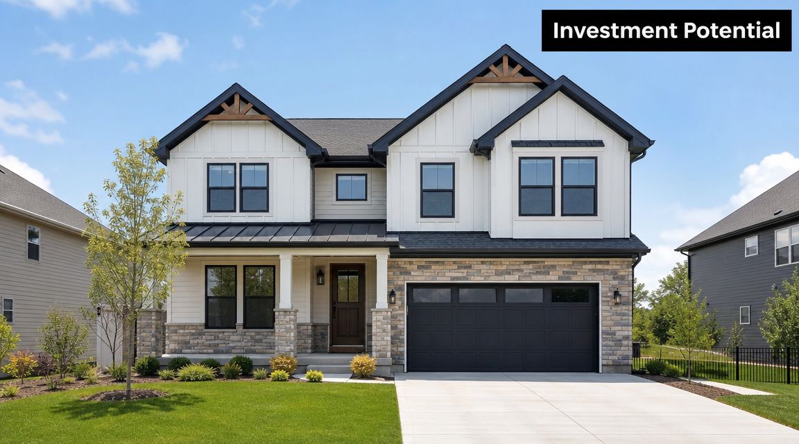 A modern two-story single-family home featuring a stone facade, white siding, and a two-car garage.