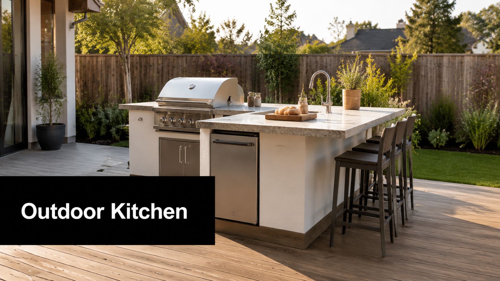 A modern outdoor kitchen with a stainless steel grill, refrigerator, and breakfast bar on a wooden deck.