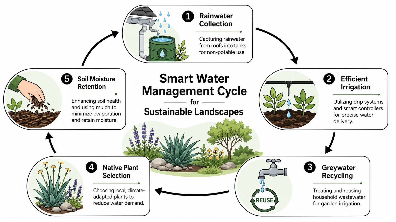 An infographic illustrating five steps for a smart water management cycle in sustainable landscapes, including collection and recycling.