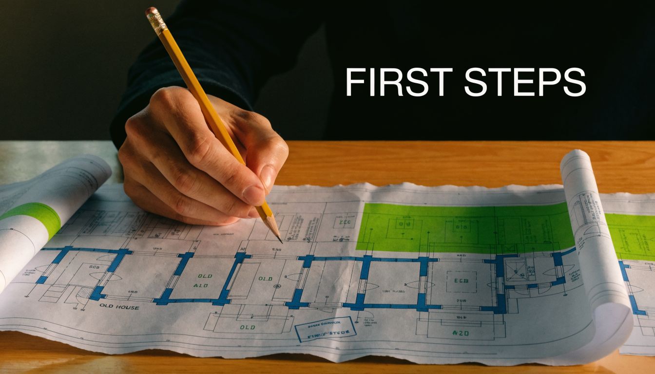 A person writing on a blueprint for an old house renovation with a yellow pencil.