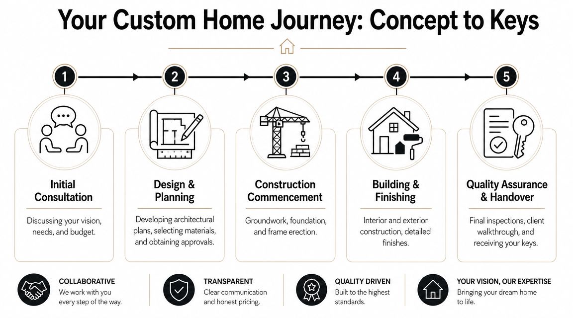A five-step infographic showing the custom home building process from initial consultation to final key handover.