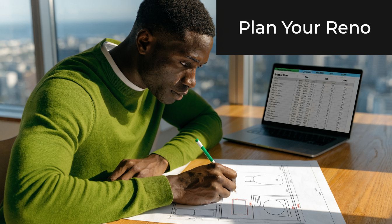 A man in a green sweater studying renovation plans and a budget spreadsheet on his laptop.