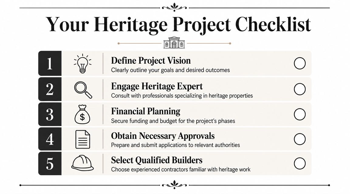 A five-step checklist for heritage property projects, from defining vision to selecting qualified heritage builders.