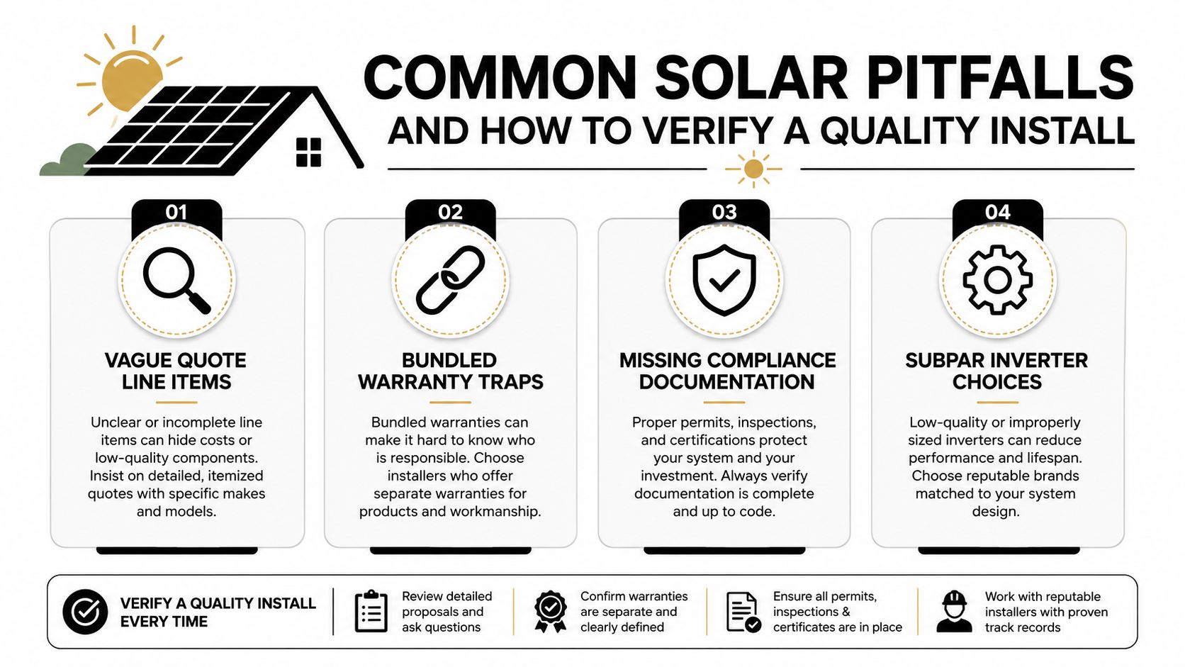An infographic detailing four common solar installation pitfalls and how to ensure a high quality solar project.
