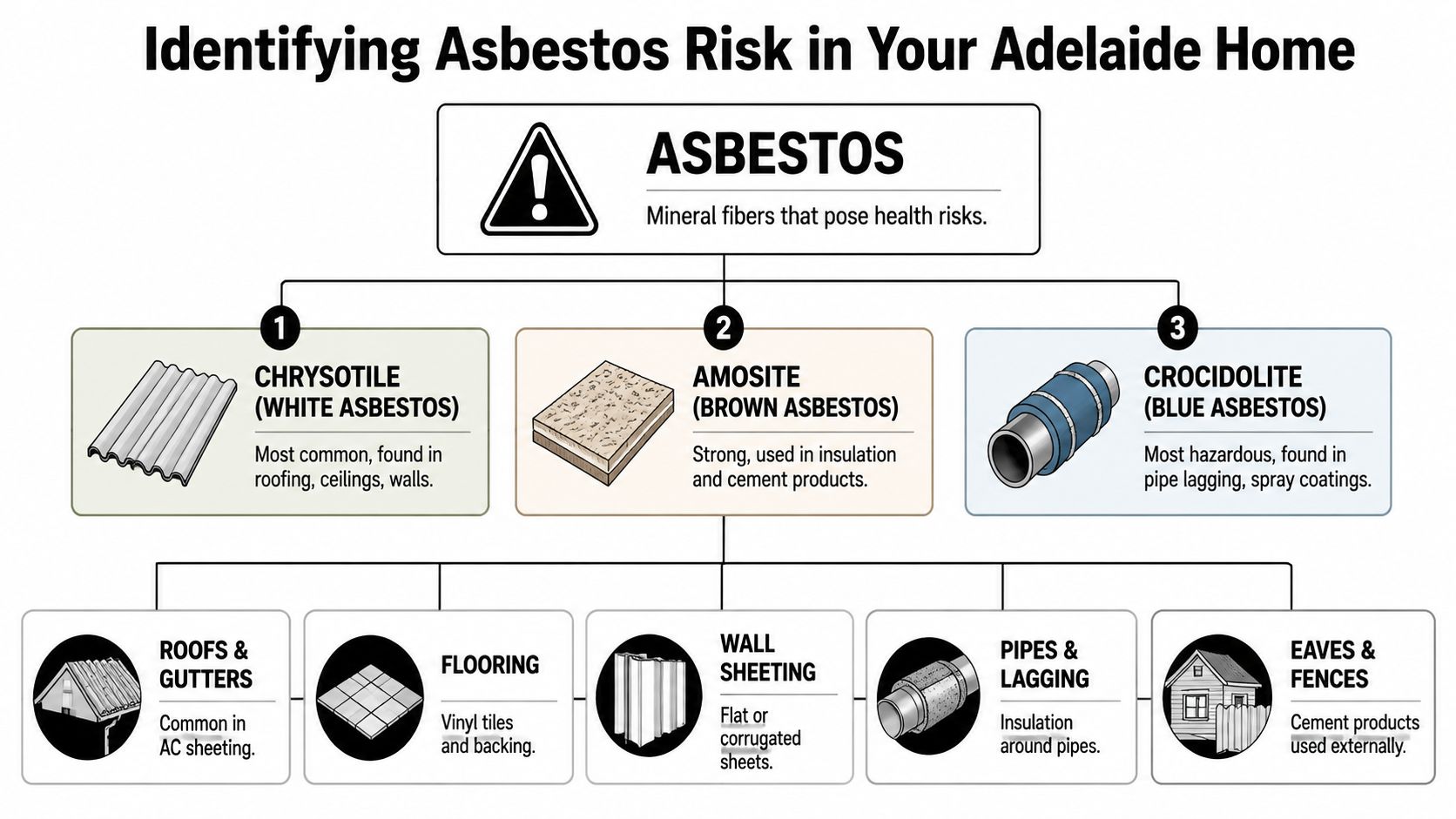 A diagram illustrating the types of asbestos and common locations where they are found in homes.