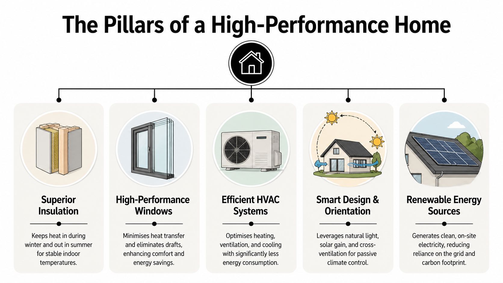 An infographic illustrating five key pillars of a high-performance home including insulation, windows, HVAC, design, and solar.