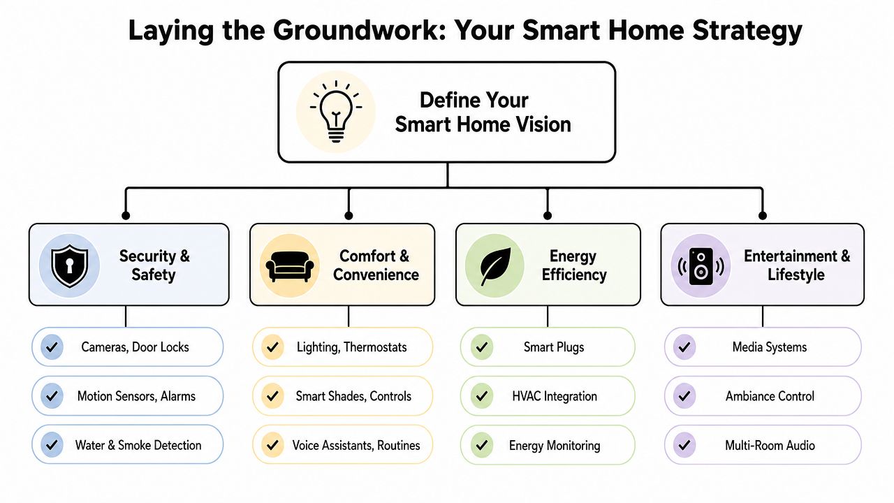 An organizational chart depicting a strategic framework for planning and implementing a comprehensive smart home system.