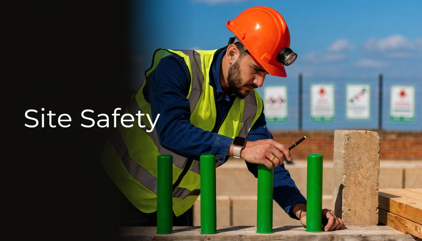 A construction worker in a high-visibility vest and hard hat inspects green safety barriers on a site.