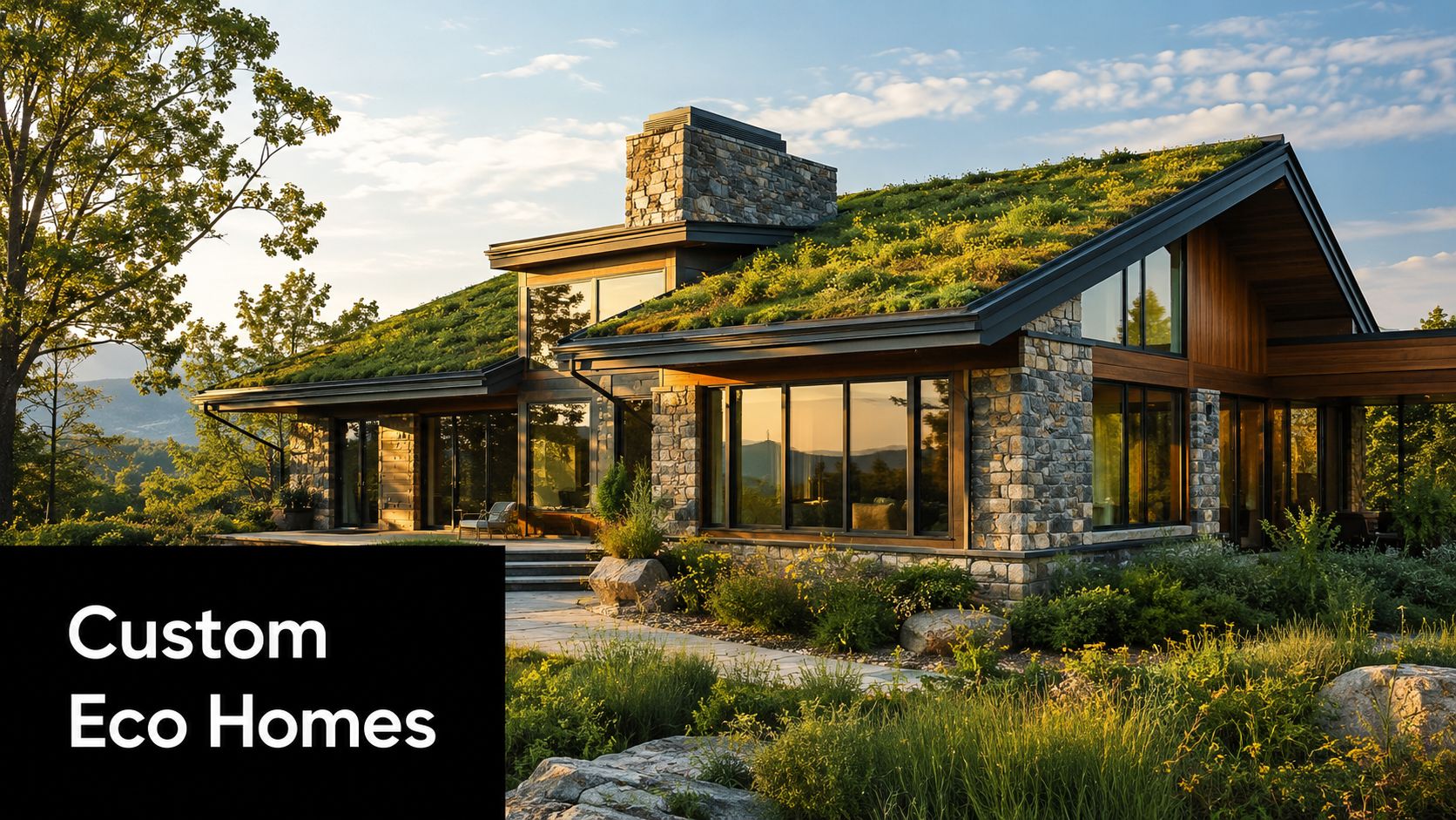 A modern luxury eco-friendly house with a green roof, stone walls, and large windows set in nature.