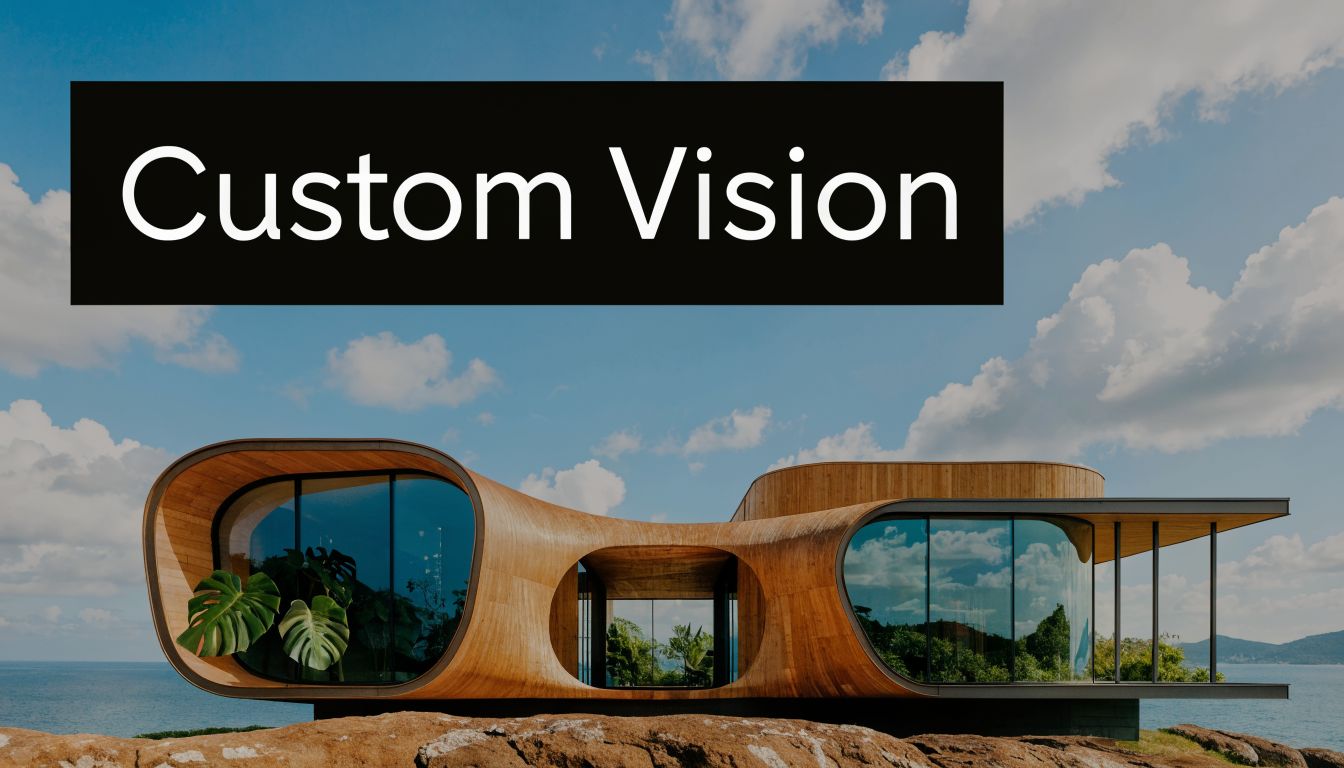 A stunning modern wooden house with unique curved architecture overlooking the ocean on a rocky cliff.