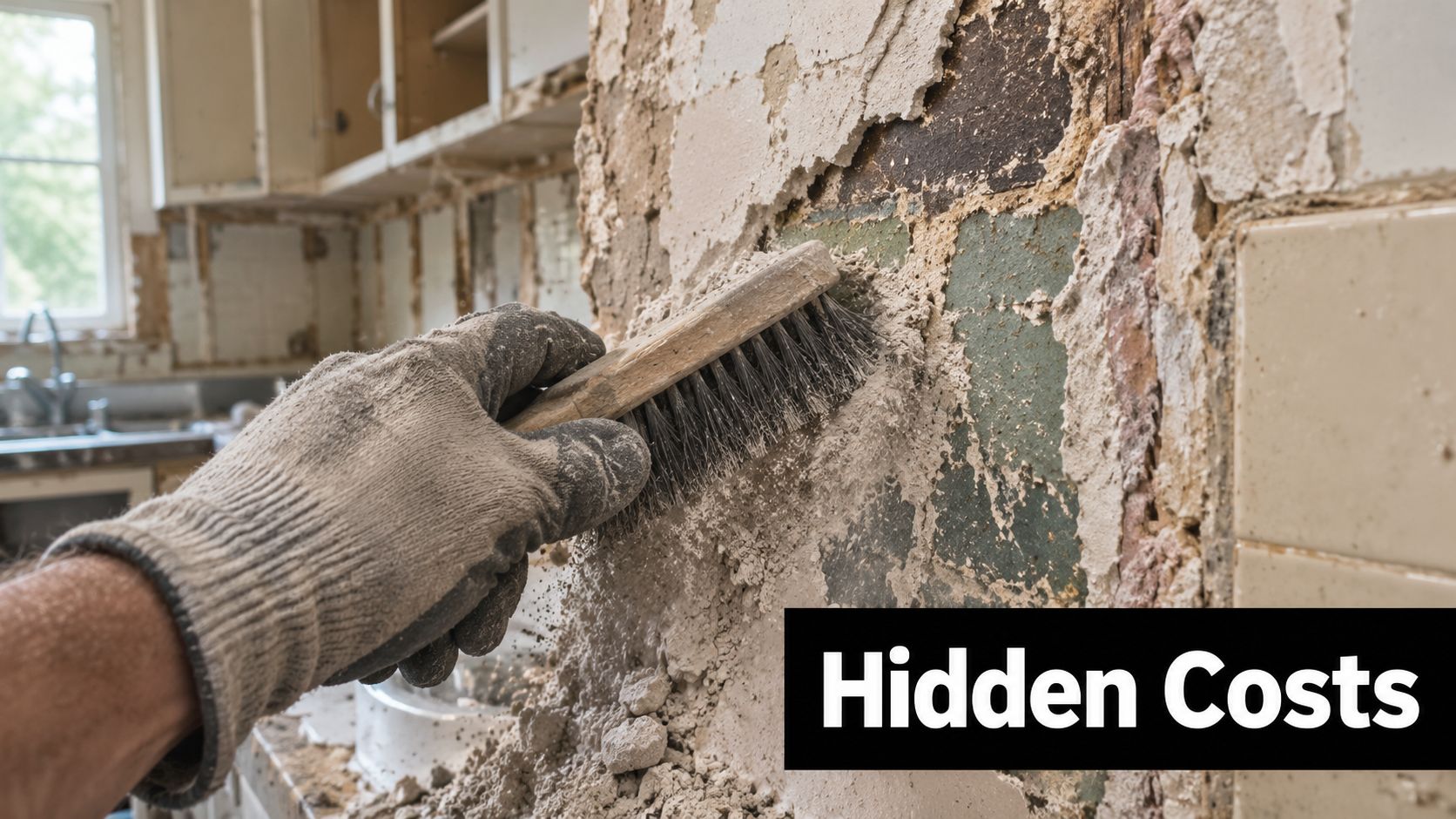 A construction worker uses a wire brush to remove old mortar from a kitchen backsplash during renovation.