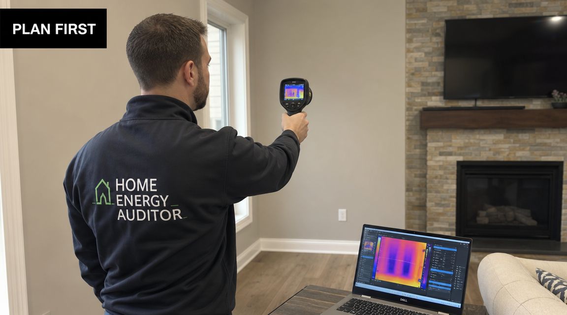 A professional home energy auditor uses a thermal imaging camera to inspect a residential living room wall.