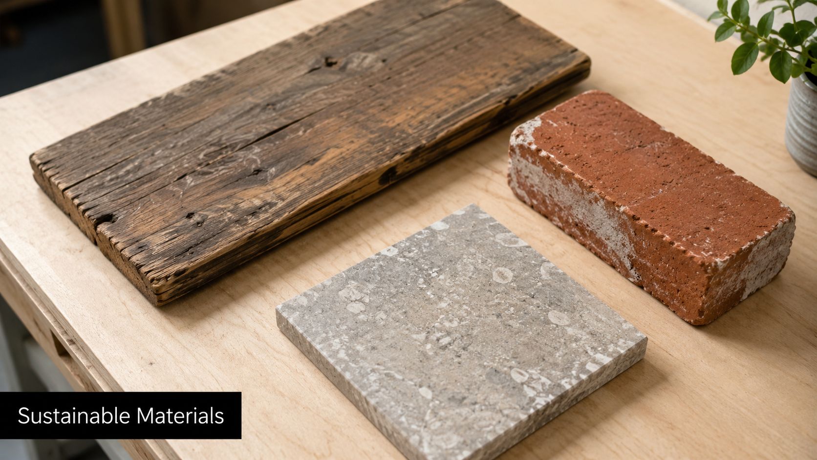 Sample materials including reclaimed wood, a red brick, and a stone tile for home renovations.