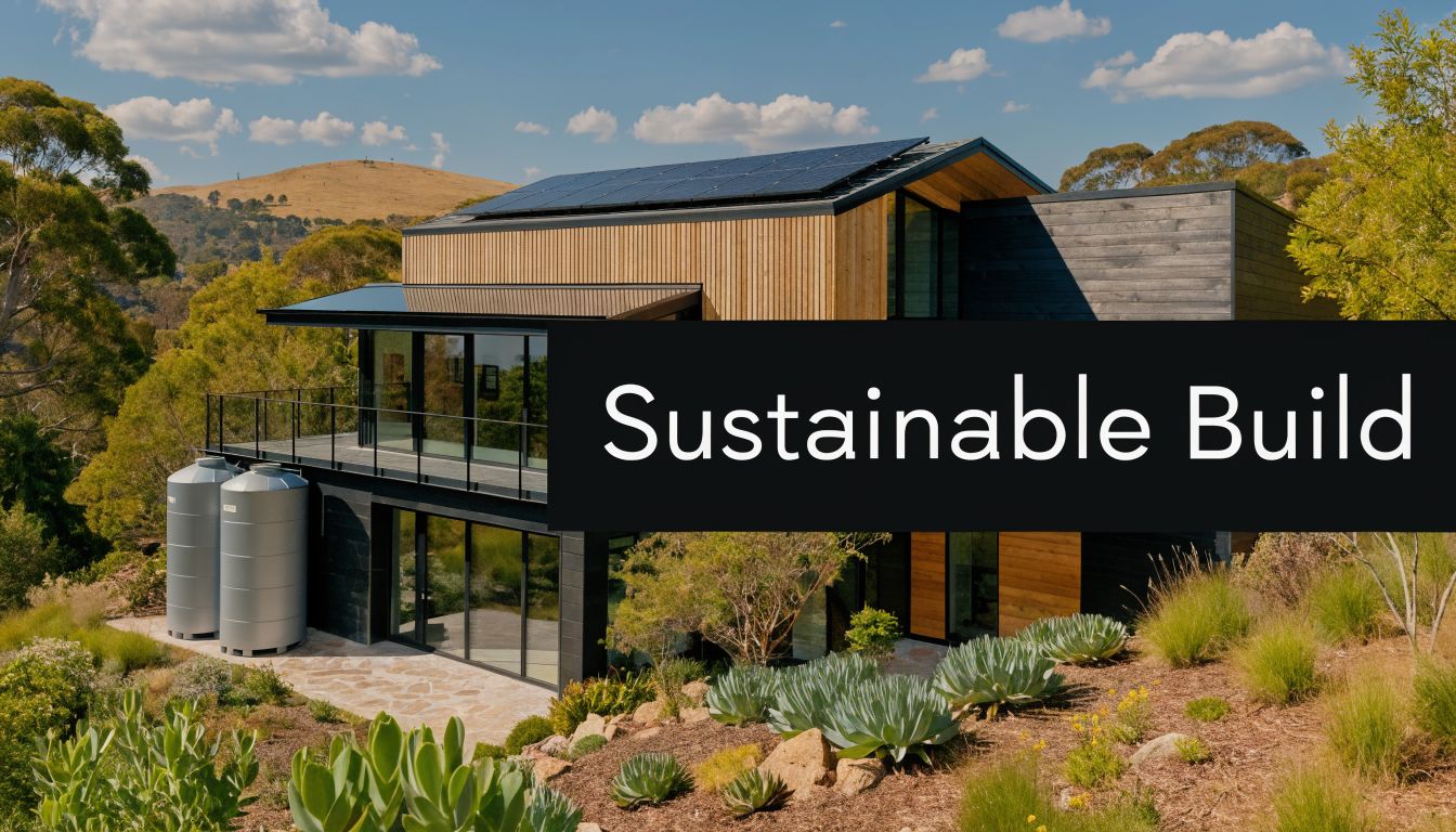 A sustainable modern house with solar panels in the Adelaide Hills landscape with water storage tanks.