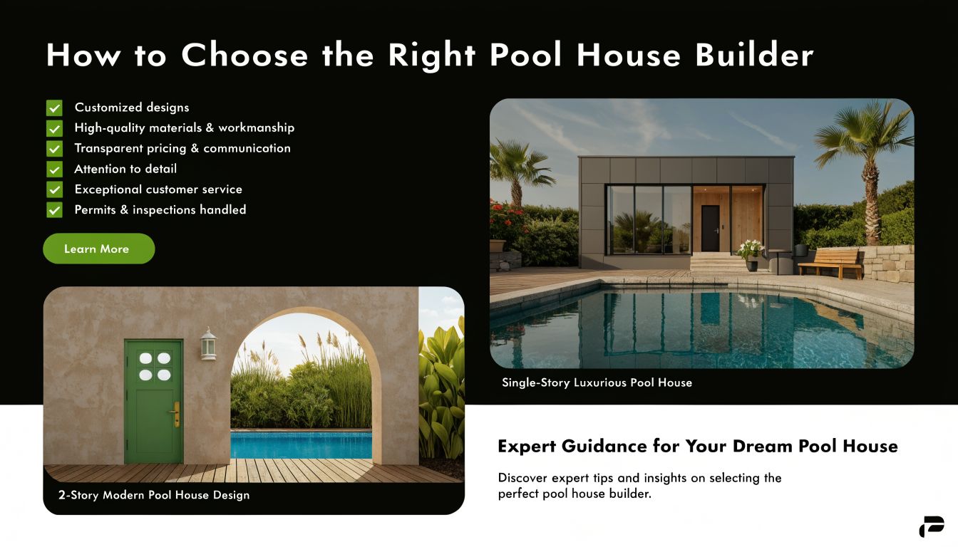 A professional guide for choosing the right pool house builder featuring modern pool house design examples.