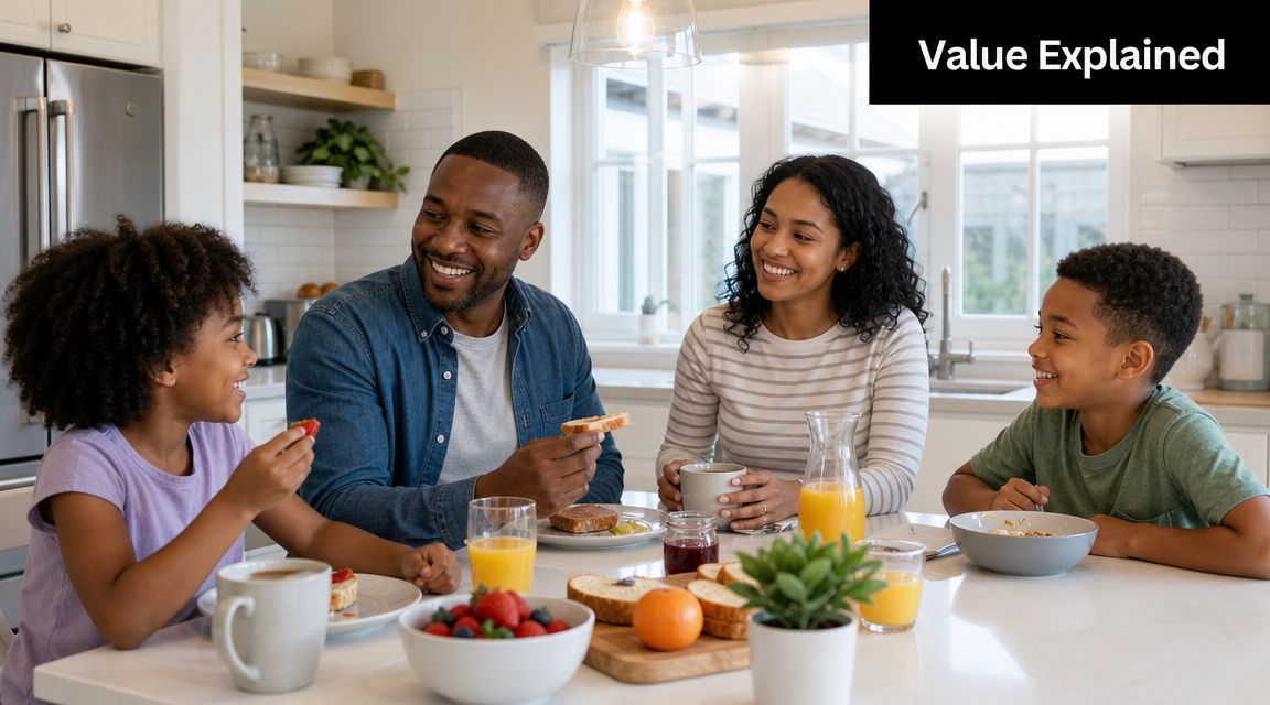 A happy family of four sitting at a kitchen island, smiling and eating breakfast together in a bright kitchen.
