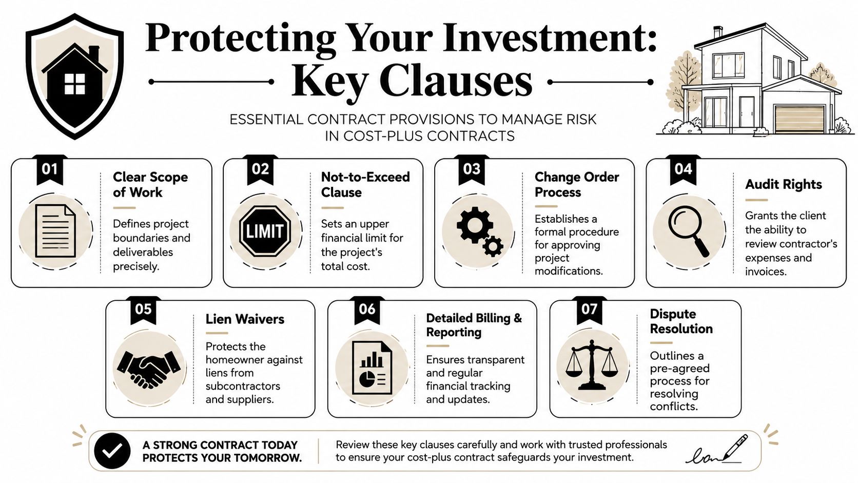 An infographic detailing seven essential contract clauses for managing risk in cost-plus home construction projects.