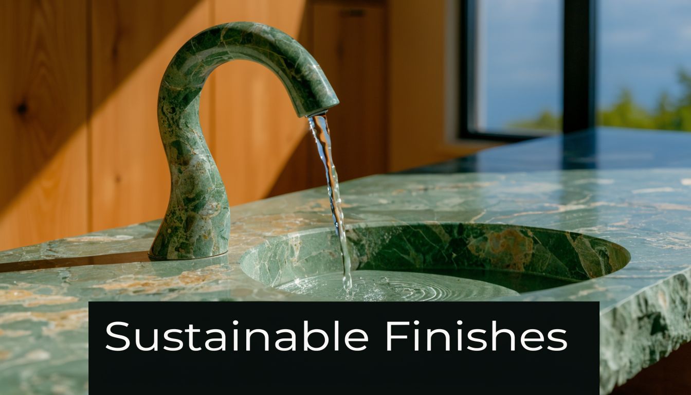A modern green marble kitchen countertop and sink with a matching marble faucet flowing with water.