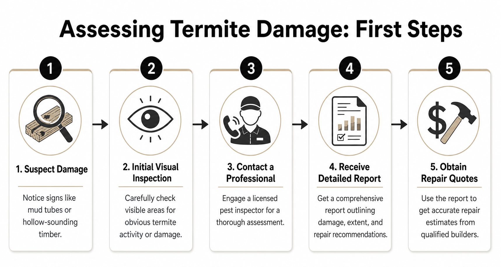 A five-step infographic illustrating the professional process for assessing and managing termite damage in homes.