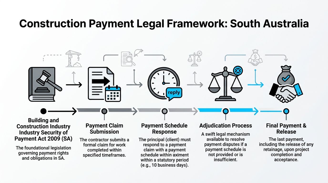 A diagram illustrating the South Australian legal framework for construction payment processes from submission to final release.