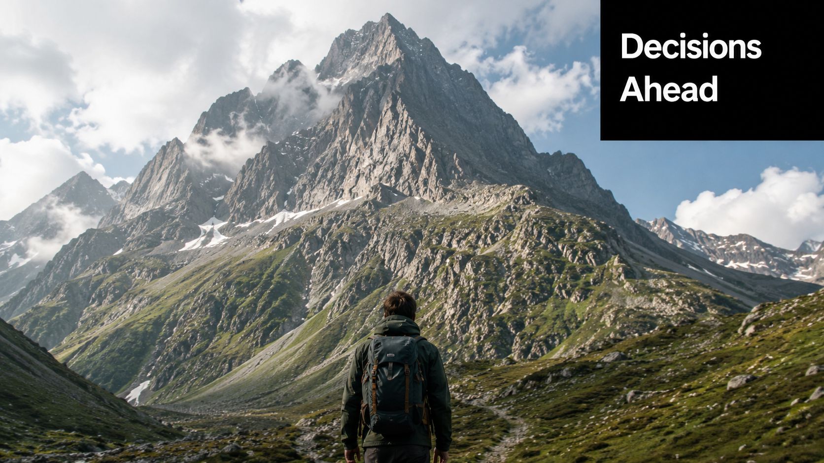 A hiker with a backpack stands facing a towering, rugged mountain peak in a vast landscape.