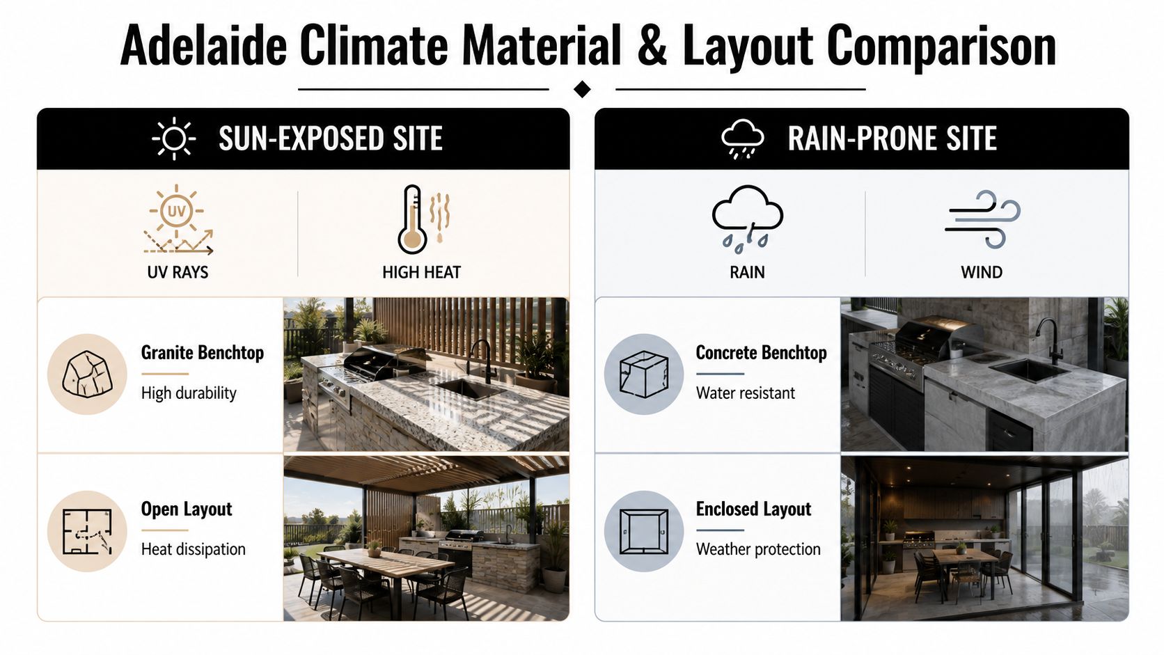 A comparison chart for outdoor kitchens in Adelaide, detailing material and layout options for sunny and rainy sites.