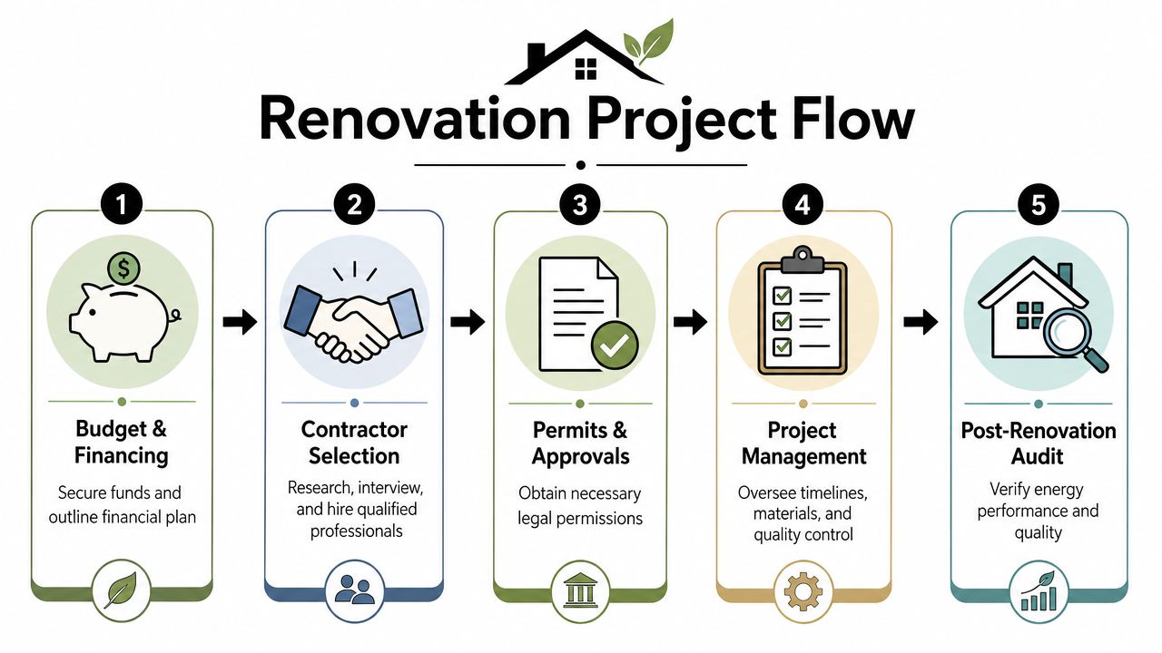 A five-step infographic showing the sequence for managing an energy efficient home renovation project.