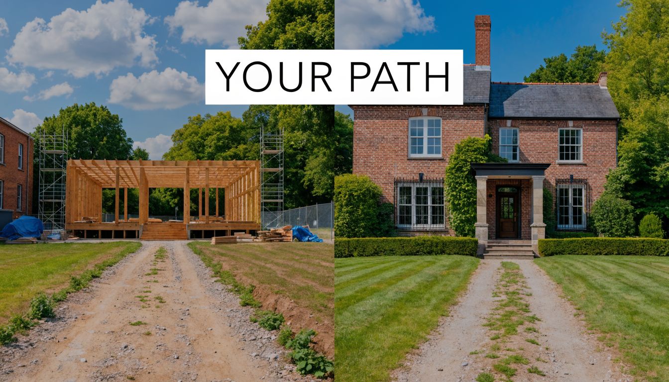 A split image showing a wooden house framework on the left and a finished brick house on the right.