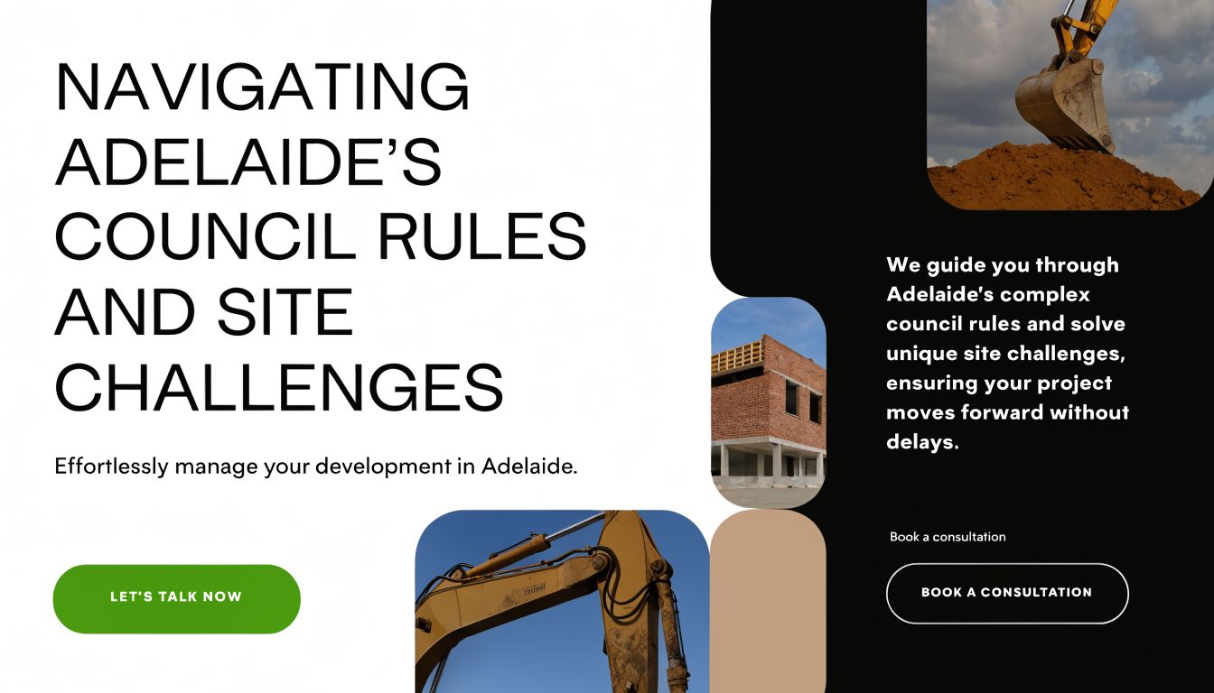 A professional construction service banner offering guidance on Adelaide council rules and site challenges for developers.