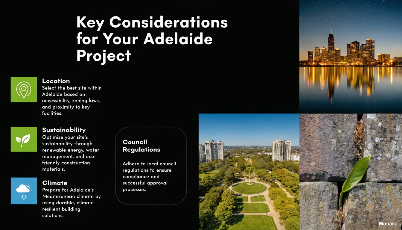 A professional infographic outlining key considerations for building projects in Adelaide, including location, sustainability, and regulations.