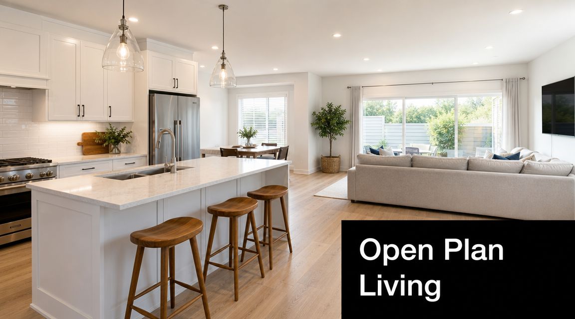 A modern open-plan kitchen and living room featuring white cabinetry, wooden bar stools, and a comfortable sectional sofa.