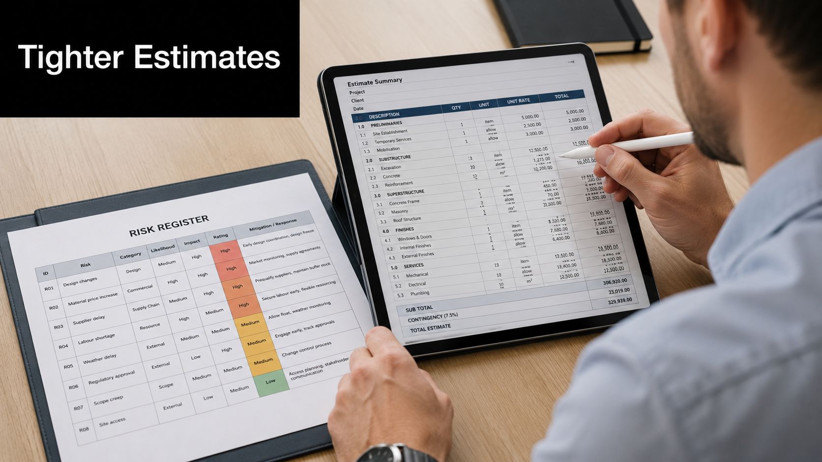 A professional reviewing project costs and risk assessment documents on a digital tablet and paper document.