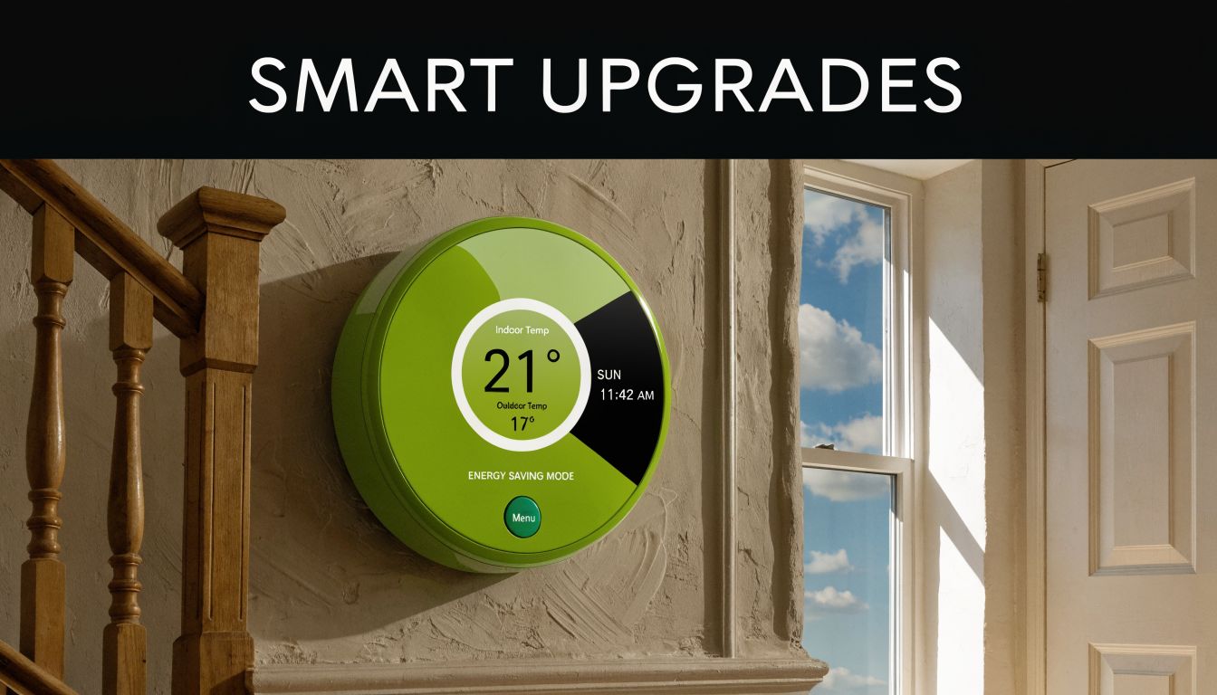 A modern green smart thermostat mounted on an interior wall of an old house during renovation.