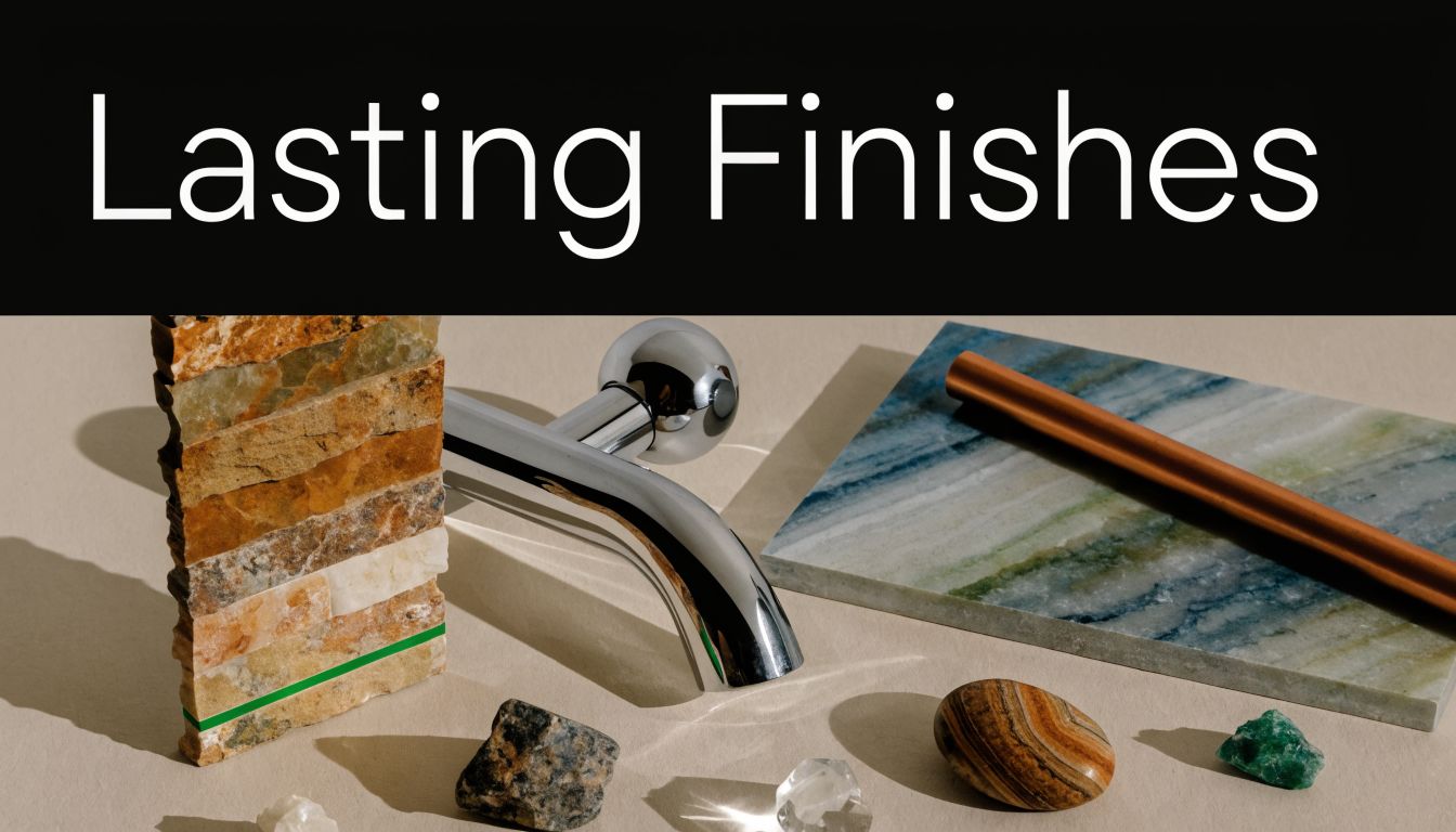 A chrome faucet placed next to marble tiles, natural stones, and a copper rod on beige surface.