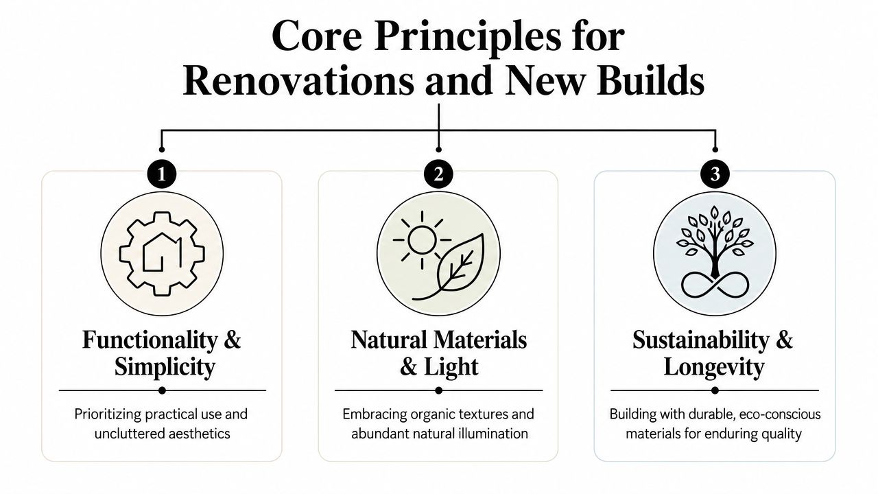 A graphic showing three core principles for renovations and new builds: functionality, natural elements, and sustainability.