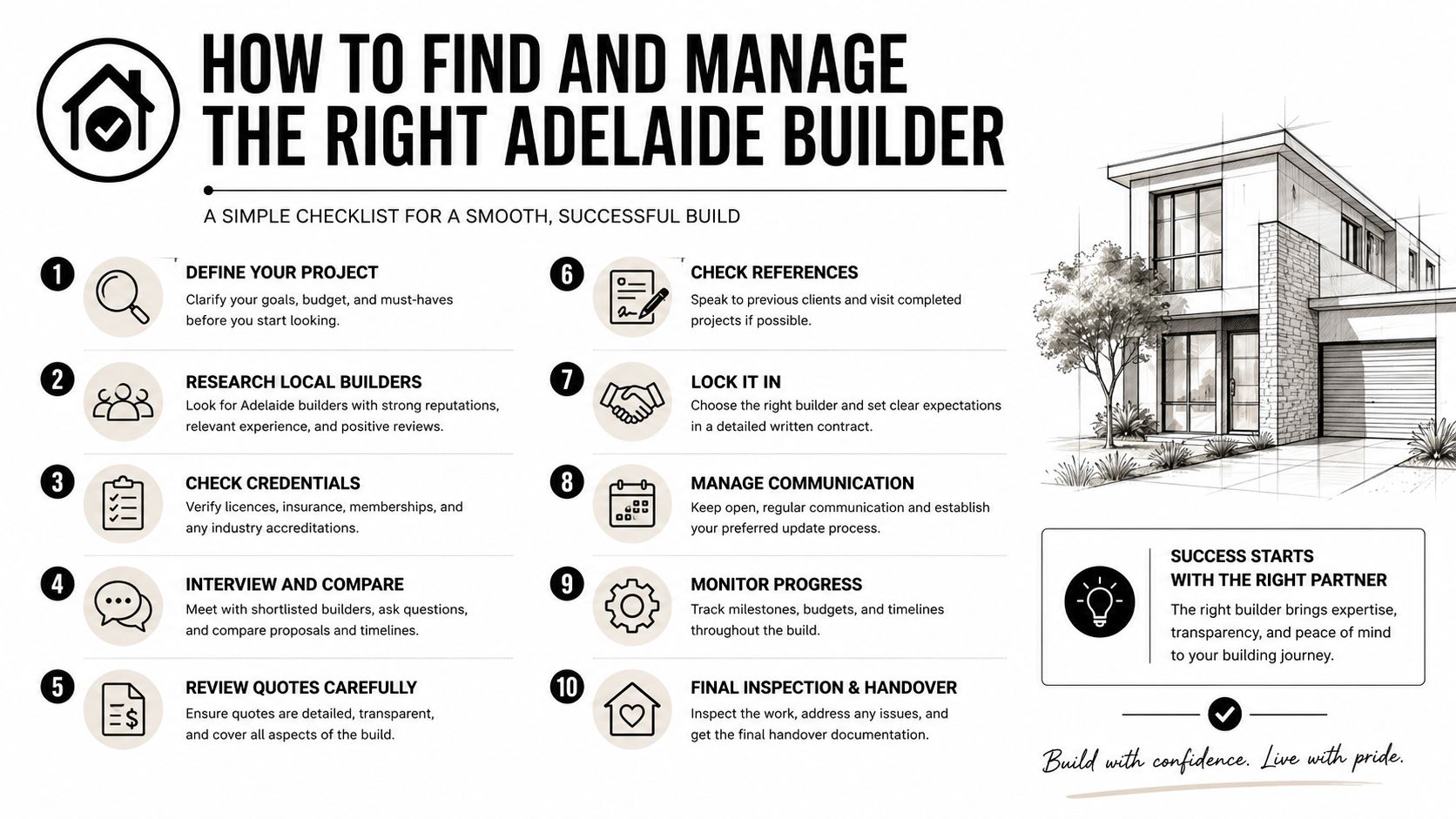 An infographic checklist guiding users through ten essential steps to find and manage a professional Adelaide builder.