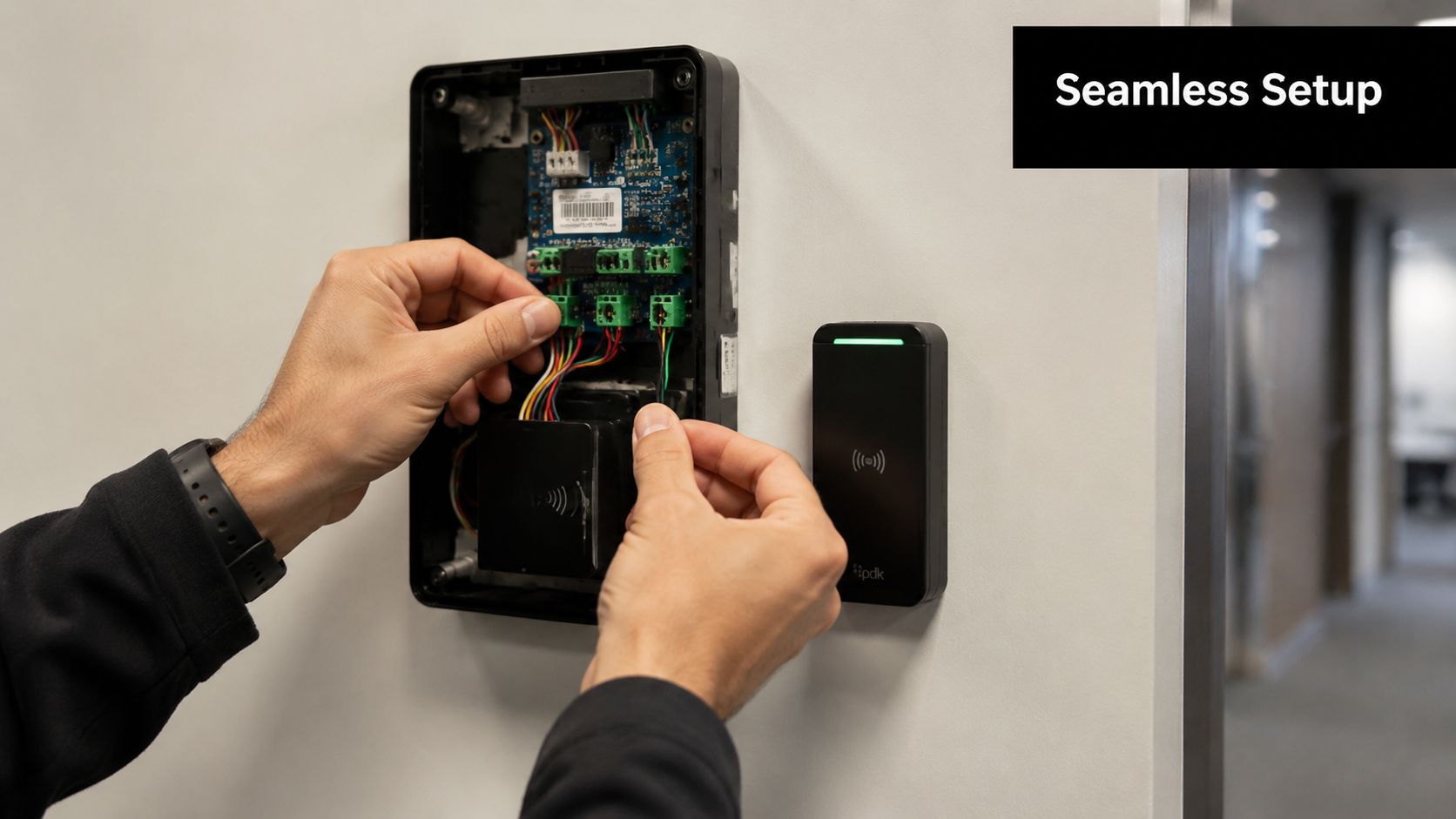 A technician installing and wiring a pdk access control system unit on a white office wall.